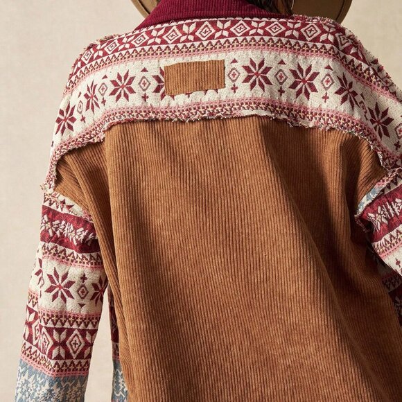 Multicolor Casual Women's Patchwork Corduroy Music Festival Blouse - Picture 3 of 8